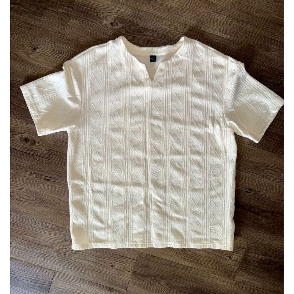 Manfinity Mens Cream White Textured Cable Knit Notch Neck Short Sleeve Shirt L